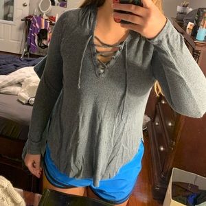 heathered green lace up sweater, no damage